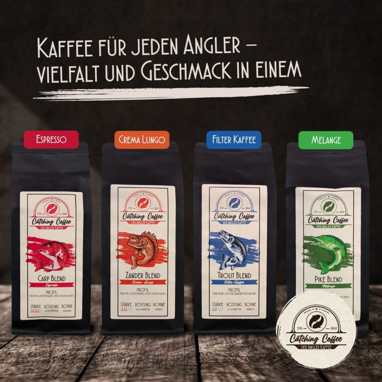 Kaffeeverpackungen für Angler in verschiedenen Geschmacksrichtungen auf Holzuntergrund.