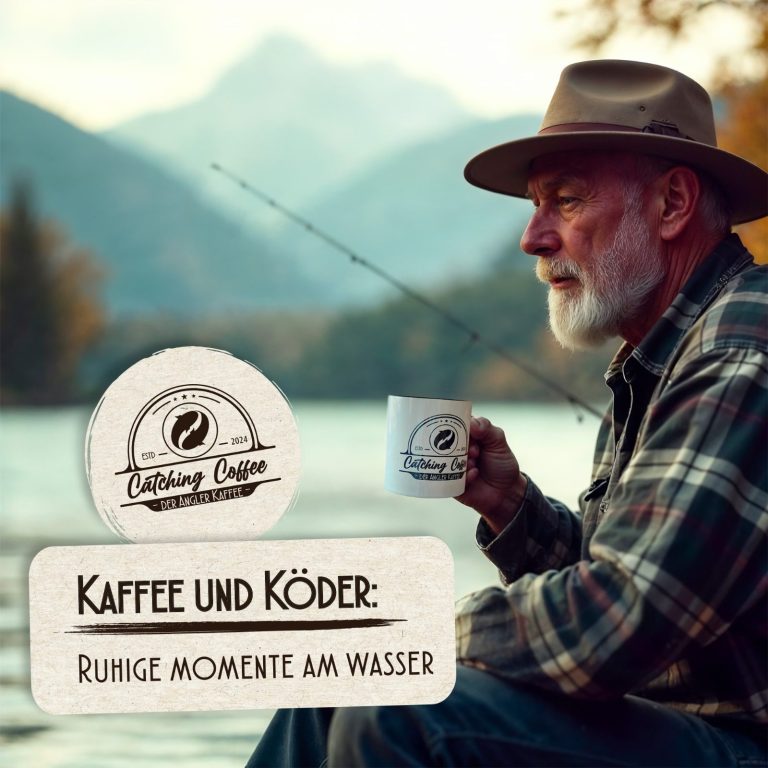 Älterer Mann mit Hut, der am Wasser sitzt und Kaffee trinkt, im Hintergrund Berge.